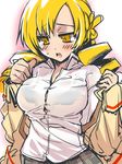  blonde_hair bra breasts drill_hair large_breasts lingerie mahou_shoujo_madoka_magica mitakihara_school_uniform plaid plaid_skirt pleated_skirt school_uniform see-through skirt solo tokita_monta tomoe_mami underwear yellow_eyes 