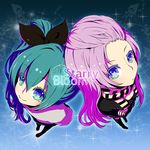  alternate_hairstyle aqua_eyes aqua_hair bow from_above hair_bow hatsune_miku long_hair megurine_luka multiple_girls oharu pink_hair side_ponytail smile vocaloid 