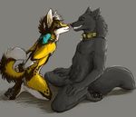  bdsm bondage canine collar couple gay grin handcuffs male nude piercing ribbons richard_foley sheath speed_(artist) tongue wolf 