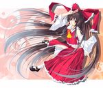  absurdly_long_hair ascot bow brown_hair detached_sleeves hair_bow hakurei_reimu highres long_hair mayuzaki_yuu red_eyes solo touhou very_long_hair 