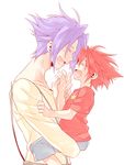  child child_carry closed_eyes father_and_son kometto male_focus miyabi_reiji multiple_boys open_mouth purple_hair red_hair spoilers star_driver tsunashi_takuto 