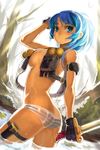  ass banned_artist bayonet blue_eyes blue_hair breasts butt_crack dutch_angle error gloves knife large_breasts leona_heidern looking_back lowleg lowleg_panties no_bra panties parted_lips reverse_grip see-through sheath short_hair solo striped striped_panties the_king_of_fighters underwear vest wading water weapon wet xil 