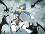  aqua_eyes bad_id bad_pixiv_id bare_shoulders blood blue_hair blurry cape cuts depth_of_field doemon gloves hands highres injury magical_girl mahou_shoujo_madoka_magica miki_sayaka motion_blur multiple_hands open_mouth outstretched_arm panties short_hair smile solo striped striped_panties sword teeth thighhighs underwear weapon white_gloves white_legwear witch's_labyrinth 