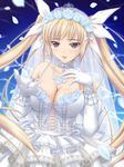  bare_shoulders blonde_hair breasts bridal_veil bride choker cleavage dress earrings elbow_gloves flower gloves hair_ribbon highres jewelry large_breasts long_hair mistral_nereis necklace open_mouth petals pointy_ears purple_eyes ribbon shining_(series) shining_hearts solo tiara twintails veil very_long_hair wedding_dress yoshimura_kentaro 