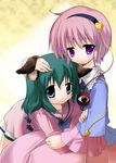  :3 animal_ears blue_eyes ear_lift green_hair hairband hand_on_another's_head izumi_yukiru kasodani_kyouko komeiji_satori multiple_girls petting pink_hair purple_eyes smile third_eye touhou 