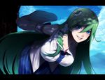  blue_eyes breasts day detached_sleeves frog green_hair grin hair_ornament highres irohara_mitabi kochiya_sanae large_breasts leaning_forward letterboxed long_hair shade sky smile snake solo touhou tree tree_shade very_long_hair 