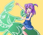  arcana_heart arcana_heart_3 bad_id bad_pixiv_id dress eko_(arcana_heart) green_eyes highres kaz_(arcana_heart) open_mouth orochi_itto purple_hair riding solo twintails 