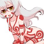  7-tan arched_back bodypaint breasts face facepaint glasses imuhata_shimuro long_hair lowres neo_ranga nude os-tan silver_hair simple_background sitting small_breasts solo tongue tribal wariza windows yellow_eyes 