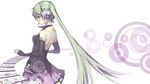  backless_outfit commentary crimsonseed elbow_gloves fingerless_gloves gloves green_eyes green_hair hatsune_miku headphones headset highres long_hair skirt solo very_long_hair vocaloid 