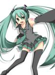  aqua_eyes aqua_hair black_legwear detached_sleeves hatsune_miku headset long_hair necktie open_mouth rumia_(compacthuman) skirt solo thighhighs twintails vocaloid zettai_ryouiki 