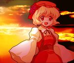  aki_minoriko blonde_hair dithering face food fruit grapes hat highres jpeg_artifacts mono_(moiky) open_mouth red_eyes short_hair sleeves_past_wrists smile solo sunset touhou 