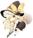  blonde_hair broom broom_riding chibi hat kirisame_marisa long_hair lowres one_eye_closed roh_nam_kyung simple_background smile solo touhou witch_hat yellow_eyes 