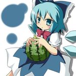  bad_id bad_pixiv_id blue_eyes blue_hair cirno food fruit highres kotomi_(happy_colors) ribbon short_hair solo touhou watermelon wings 