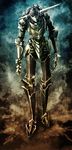  akakatta androgynous armor dark gradient gradient_background helmet highres horns knight solo walking 