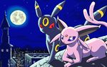  black city ear_markings espeon face_markings feral g-sun g-sun_(artist) moon night pink pok&eacute;mon purple_eyes red_eyes rooftop sky stars tail tail_markings umbreon 