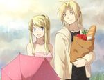  1girl apple bad_id bad_pixiv_id bag bare_shoulders blonde_hair blue_eyes bread couple edward_elric food fruit fullmetal_alchemist groceries halterneck hetero hood hoodie long_hair open_mouth ponytail riru shopping_bag sky sleeveless smile umbrella winry_rockbell yellow_eyes 