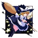  bad_id bad_pixiv_id black_dress blonde_hair blue_dress braid broom broom_riding dress full_moon grin hat highres kirisame_marisa mini-hakkero moon night sky smile solo star touhou tsuttsu witch witch_hat yellow_eyes 