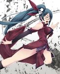  arc_system_works black_hair blazblue blazblue:_calamity_trigger blue_eyes breasts china_dress chinadress chinese_clothes dress female fu_ikaru glasses gradient gradient_background lao_jiu litchi_faye_ling long_hair open_mouth ponytail solo 
