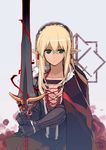  blonde_hair cape earrings empty_eyes gauntlets green hairband jewelry long_hair pixiv_fantasia pixiv_fantasia_5 pointy_ears sakura_sora solo sword weapon 