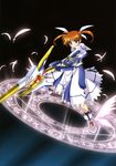  absurdres feathers fingerless_gloves gloves hair_ribbon highres holding holding_weapon lyrical_nanoha magic magic_circle magical_girl mahou_shoujo_lyrical_nanoha mahou_shoujo_lyrical_nanoha_the_movie_1st purple_eyes raising_heart red_hair ribbon shoes solo takamachi_nanoha twintails weapon white_ribbon winged_shoes wings 