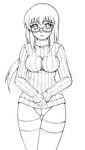  absurdres bad_id bad_pixiv_id blush bottomless copyright_request crotch_seam glasses greyscale highres long_hair monochrome murakami_murako panties panties_under_pantyhose pantyhose ribbed_sweater solo sweater thighband_pantyhose turtleneck underwear 