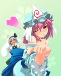  2girls bad_id bad_pixiv_id bare_shoulders blue_eyes breasts foreshortening hairband hat heart isada_(daisa) konpaku_youmu konpaku_youmu_(ghost) medium_breasts multiple_girls nipples off_shoulder one_eye_closed pink_hair pointing puffy_nipples red_eyes saigyouji_yuyuko shiny shiny_skin silver_hair touhou 