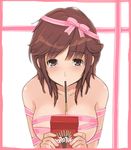  amagami blush brand_name_imitation breasts brown_eyes brown_hair food large_breasts megane_chuu mouth_hold naked_ribbon pocky ribbon sakurai_rihoko solo 