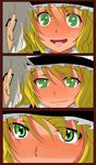  1girl @_@ arano_oki blonde_hair blush close-up eyes face glasses green_eyes hat kirisame_marisa long_hair morichika_rinnosuke open_mouth parody ringed_eyes sekimen_suru_dake short_hair silver_hair sweat tears to_aru_majutsu_no_index touhou witch_hat 