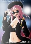  bad_id bad_pixiv_id beret bikini_top blue_eyes breasts cleavage fingerless_gloves gloves hat kuroma_(no_plan) long_hair macross macross_frontier medium_breasts microphone midriff pink_hair sheryl_nome skindentation solo sunglasses translation_request 