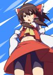  angry bike_shorts bow brown_eyes brown_hair commentary_request day detached_sleeves from_below frown hair_bow hakurei_reimu leon_(mikiri_hassha) looking_at_viewer looking_down navel skirt sky solo touhou 