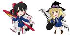  aircraft airplane black_eyes black_hair blonde_hair bow chibi hair_bow hakurei_reimu hat highres jet kirisame_marisa military military_uniform missile multiple_girls sakurato_tsuguhi simple_background touhou uniform witch_hat yellow_eyes 