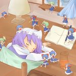  &gt;_&lt; ^_^ blanket blue_dress blue_hair blush book bow cirno closed_eyes covering_with_blanket curtains daiyousei desk drawing dress glass green_hair hair_bow hair_ribbon hat lamp letty_whiterock meruto1093 minigirl multiple_girls multiple_persona o_o open_mouth pulling ribbon running side_ponytail sitting sleeping touhou window wings 