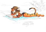  2001 aimee aimee_major beach bikini book brown_hair feline female hair reading seaside skimpy solo sunbathing tiger 