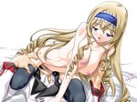  1boy 1girl blush breasts cecilia_alcott covering cunnilingus infinite_stratos large_breasts nipples oral orimura_ichika sitting_on_face sitting_on_person smile soyosoyo thigh_highs thighhighs 