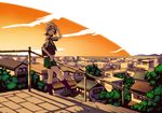  bag blonde_hair cityscape kagamine_rin kneehighs miniskirt necktie one_eye_closed railing salute scenery shirt skirt sleeves_rolled_up solo stairs torigoe_takumi town tree twilight two-finger_salute vocaloid 