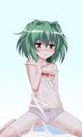  blush bow bow_panties chemise dress frilled_panties frills green_hair highres kawazuishi kneeling lingerie navel omamori_himari panties red_eyes see-through shizuku_(omamori_himari) short_hair simple_background solo strap_slip underwear wet 