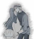  cheek_kiss couple eirika eyes_closed fire_emblem fire_emblem:_seima_no_kouseki fire_emblem_sacred_stones hairband kiss long_hair lowres mage monochrome open_mouth princess saleh saleh_(fire_emblem) short_hair skirt surprised tears wrist_grab 