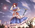  bad_id bad_pixiv_id breasts candle cleavage closed_eyes cloud hair_bobbles hair_ornament japanese_clothes lens_flare medium_breasts mutsuki_(ama245) obi onozuka_komachi open_mouth red_hair sash scythe shooting_star short_hair short_sleeves sky solo star star_(sky) touhou tree two_side_up weapon 
