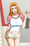  beauty_mark bleach blue_eyes blush erect_nipples licking_lips lipstick long_hair makeup matsumoto_rangiku midriff mole nail_polish orange_hair shorts solo stain stairs sweat tongue x_bokkis 