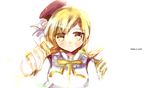  blonde_hair blush drill_hair english fur heco_(mama) mahou_shoujo_madoka_magica smile solo tomoe_mami twintails yellow_eyes 