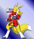  2003 anal anal_penetration balls canine claws cum cum_inside cumshot digimon ear_markings elbow_gloves elecmon eyes_closed face_markings fox from_behind gay male male_renamon masturbation orgasm penetration penis red renamon size_difference stand_and_carry_position standing sweat tail unknown_artist yellow 