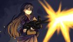  akemi_homura black_hair firing gun hairband holding holding_gun holding_weapon long_hair m249 machine_gun magical_girl mahou_shoujo_madoka_magica purple_eyes shaded_face shell_casing simple_background solo tef weapon 