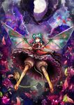  aqua_hair bad_id bad_pixiv_id bandages bat_wings bloomers detached_sleeves flower flying forest from_below hair_flower hair_ornament nature night original petals red_eyes sandals solo underwear virus_(obsession) wings 