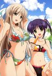  bikini blue_eyes blue_hair bow breasts cleavage cloud day food hair_bow higa_yukari highres isis_eaglet lily_strosek long_hair lyrical_nanoha mahou_senki_lyrical_nanoha_force medium_breasts multiple_girls non-web_source open_mouth popsicle side-tie_bikini sky small_breasts swimsuit very_long_hair yellow_eyes 