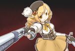  aiming_at_viewer blonde_hair drill_hair dual_wielding fingerless_gloves foreshortening gloves gradient gradient_background gun hat holding long_hair magical_girl magical_musket mahou_shoujo_madoka_magica ribbon rifle smile solo tamute_(2580rs) thighhighs tomoe_mami twin_drills twintails weapon yellow_eyes 