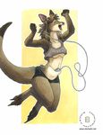  dancing female gaping_maw kacey kangaroo leaping marsupial midriff mp3_player open_mouth pouch pouch_purse shorts solo tank_top under_boob woo_yay 