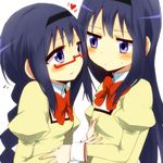  akemi_homura bad_id bad_pixiv_id black_hair blush braid breast_grab breasts dual_persona glasses grabbing hairband heart long_hair mahou_shoujo_madoka_magica mitakihara_school_uniform multiple_girls orange_(bibiko) purple_eyes red-framed_eyewear school_uniform selfcest spoilers sweatdrop yuri 