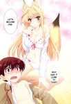  1girl animal_ears blonde_hair blush bra breasts cleavage comic fox_ears hard_translated highres kanokon large_breasts lingerie long_hair minamoto_chizuru non-web_source oyamada_kouta panties short_hair tail translated underwear 