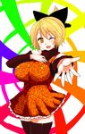  alternate_costume black_legwear blonde_hair blush bow breasts collar detached_sleeves hair_bow han_(jackpot) highres kurodani_yamame large_breasts one_eye_closed open_hand ponytail rainbow silk smile solo spider_web thighhighs touhou yellow_eyes zettai_ryouiki 