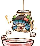  blue_hair chibi cup food fruit hat hinanawi_tenshi in_food minigirl okome_(kome_kuma) peach simple_background solo teabag teacup touhou 